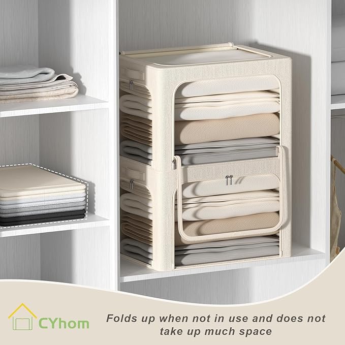 3 Openings Clothes Storage Bins Box - 3Pack Stackable Foldable Storage Bin - Metal Frame Storage Box Clothing Storage Organizer with Clear Window, Carry Handles (Beige, 100L-23.6x16.5x15.7in)