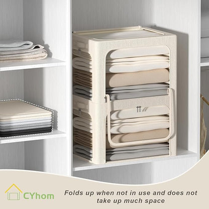 3 Openings Clothes Storage Bins Box - 3Pack Stackable Foldable Storage Bin - Metal Frame Storage Box Clothing Storage Organizer with Clear Window, Carry Handles (Beige, 100L-23.6x16.5x15.7in)