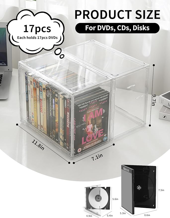 Beveetio Acrylic 2-Pack DVD Storage Box, Stackable DVD Case Holder Organizer With Door, Clear CD Storage Box For CDs, Blu Ray, Discs, Video Games, Holds Up to 34 Cases