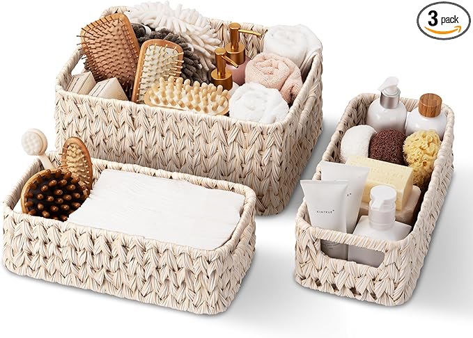 GRANNY SAYS Wicker Baskets for Organizing, Wicker Storage Basket for Shlef, Woven Baskets Oraganizer, Waterproof Vanity Basket for Towel, Home Organization, 3-Pack