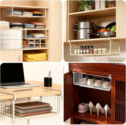 2 Pack Under Shelf Storage Basket, Extendable Under Cabinet Organizer, Pantry Organizers and Storage Hanging Rack for Kitchen Laundry Room Desk Counter Bookshelf