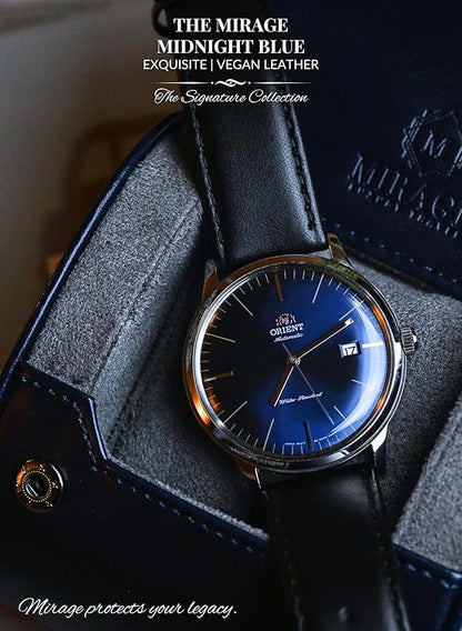 Single Watch Case - 1 Watch Travel Case Holder - Midnight Blue Swiss Motif Vegan Leather