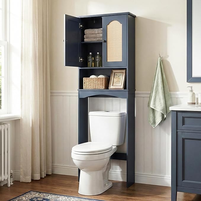 OONNEE Over The Toilet Storage Cabinet, Above Toilet Organizer with 2 Rattan Doors, Modern Blue Finish, 24x70 inch Space Saving Freestanding Bathroom Cabinet