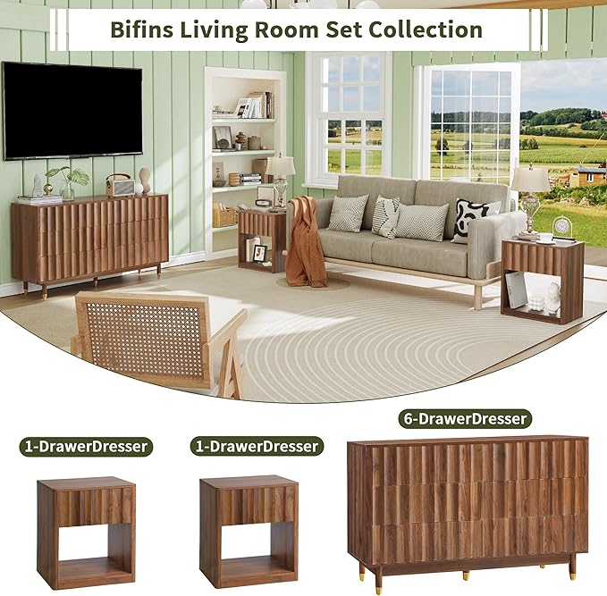 Bifins Fluted Dresser, Small Nightstands Set of 2, Walnut Bedside Table with Drawer and Storage, Mid Century Modern Side Table for Bedroom Sofa