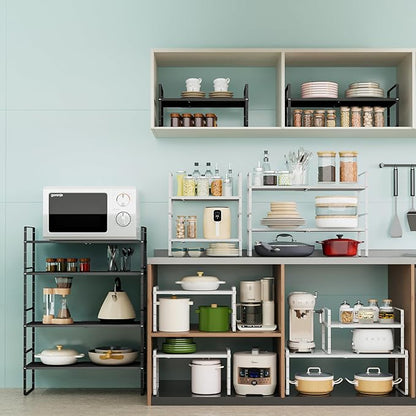 LOCVCDA Expandable Cabinet Organizer Shelf, Adjustable Height Organizer Riser for Kitchen Cabinet Spice Rack Locker Pantry Cupboard Under Sink Countertop Desk Organization Metal Stackable Shelves