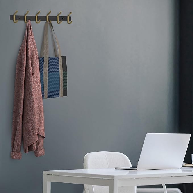Coat Rack Wall Mount – Black and Gold Hook Rail with 6 Double Coat Hooks, 17 Inch Stainless Steel Wall Hooks for Entryway, Bathroom, Bedroom, Closet, Towel, Hat, Bag, Heavy Duty Organizer