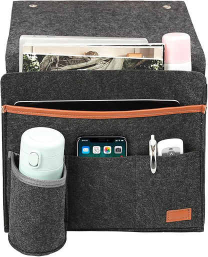 Surblue Bedside Caddy Felt Bedside Storage Organizer with Water Bottle Holder for TV Remote Control Phone Glasses Magazine 7 Pockets(Dark Grey)