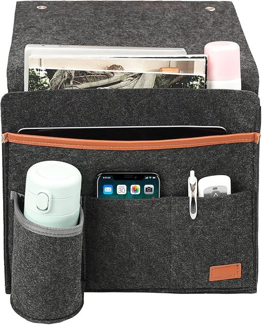 Surblue Bedside Caddy Felt Bedside Storage Organizer with Water Bottle Holder for TV Remote Control Phone Glasses Magazine 7 Pockets(Dark Grey)