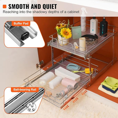 VEVOR 2 Tier 17"Wx21.2"Dx15.2"H Pull Out Cabinet Organizer, Heavy Duty Slide Out Pantry Shelves, Steel Roll Out Drawers, Sliding Drawer Storage for Home, 18.5"Wx22.5"Dx19"H Install Size for Cabinet