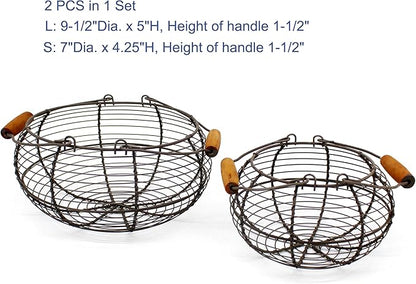 CVHOMEDECO. Round Wire Egg Baskets Rustic Fruit Baskets with Wooden Handles Primitives Vintage Gathering Basket. Rusty, Set of 2