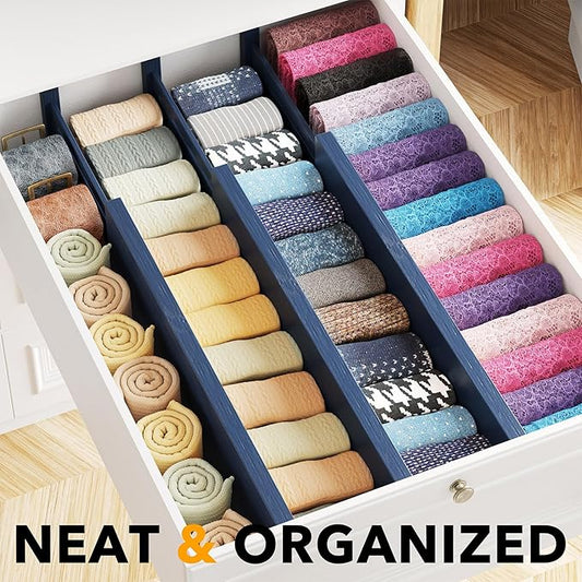 SpaceAid Bamboo Dresser Drawer Dividers 6 Pack, 4.65“ High Adjustable 17“-22” Drawer Organizers, Expandable Organization for Clothing, Clothes, Dressers, Navy Blue