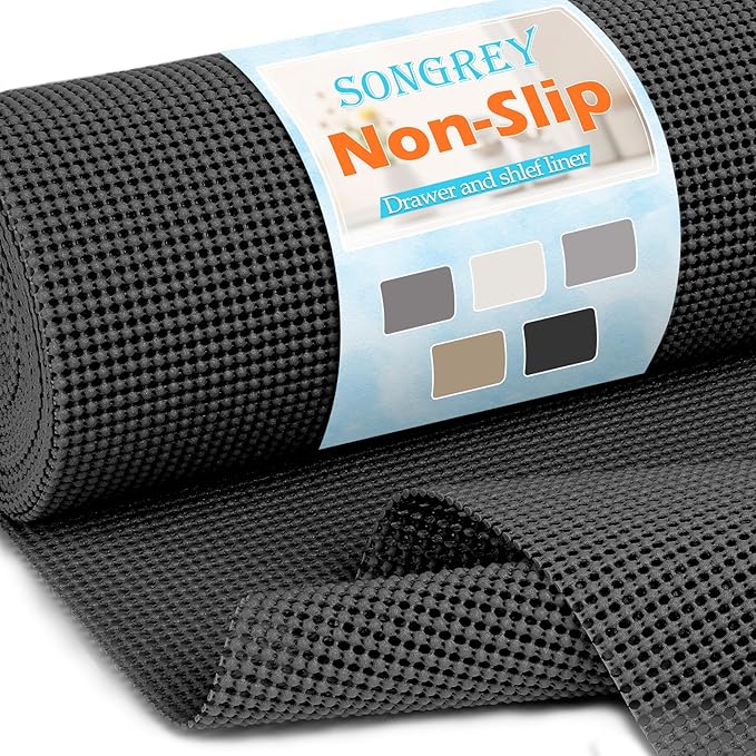 Songrey Non-Adhesive Drawer and Shelf Liner, Non Slip Cabinet Liners, Protect Kitchen Cupboard, Bathroom Drawers, Breathable, Thick Strong Grip mat (12IN x 30FT, Black)