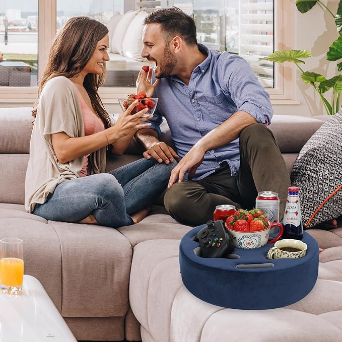 Couch Cup Holder Pillow - Cup Glass Cozy Pillow | Couch Caddy Sofa Bed Buddy Holds Drinks, Snacks, Remote, Phones, Tablet. Keep Drinks Stand and Prevent Spills for Car, Park, Beach, Picnic.(Navy)