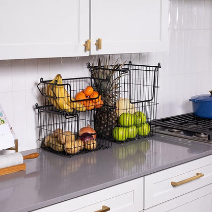 BIRDROCK HOME 3pc Stackable Wire Storage Bins - Fruit Vegetable Organizer - Modern Farmhouse - Pantry Cabinet - Metal Bin for Kitchen Countertop - Bathroom Storage - Black