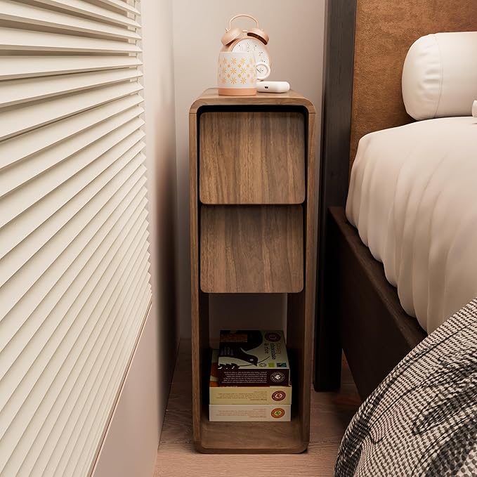 Narrow Nightstand Set of 2, Small Bedside Table, Slim Wood Bed Side Table, Mid Century Modern Night Stand with Slanted 2 Drawers, Walnut Nightstand for Bedroom, Skinny, Vintage