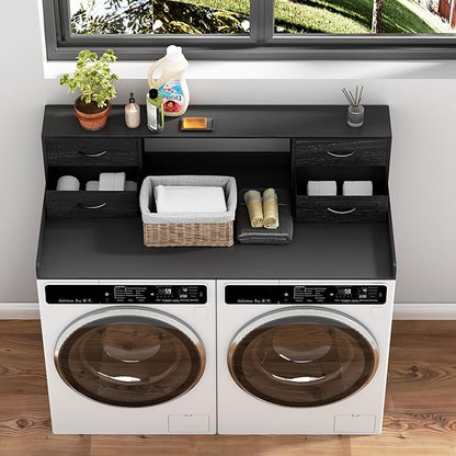 Washer and Dryer Countertop, 27.5“ D x 53.9“ W x 12.9“ H Solid Wood Washer and Dryer Countertop with Organizer Shelves with Four Drawers for Laundry Room Organization (Black)