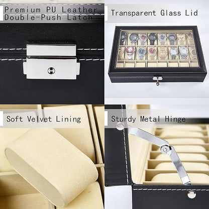 Baojulong 24-Slot Black PU Leather Watch Box, Watch Organizer with Clear Lid, Fits Various Watch Styles