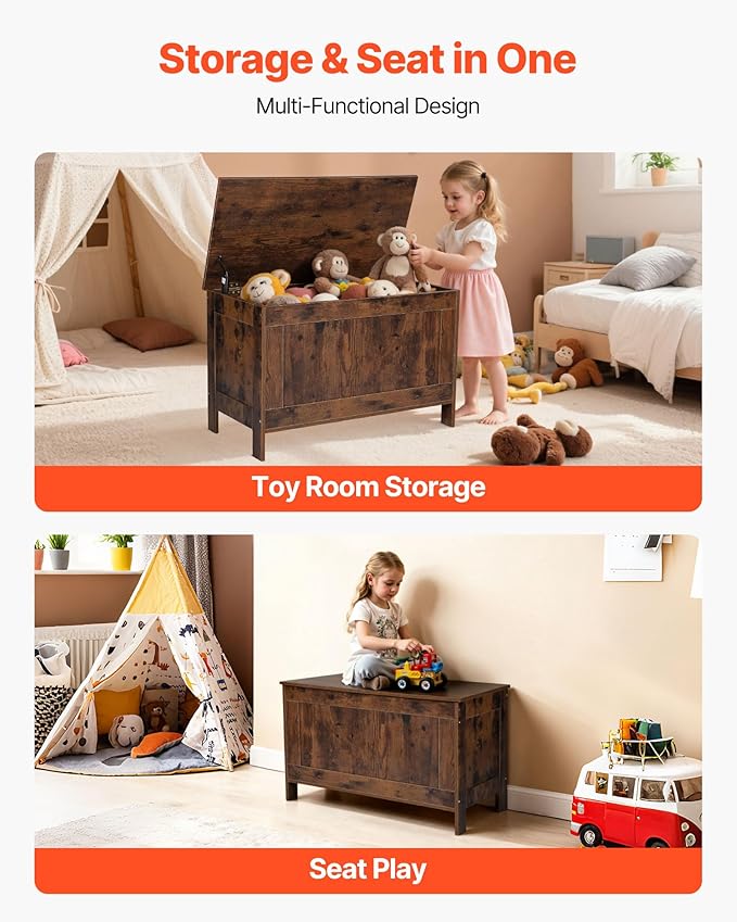 VEVOR Kids Storage Bench, Wooden Toy Box Chest, Large Storage Cabinet with Safety Hinge, Toddlers Retro Storage Bench for Playroom, Living Room or Entryway, 29.7 x 15.3 x 18.9 in, Easy Assembly, Brown