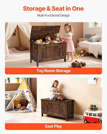 VEVOR Kids Storage Bench, Wooden Toy Box Chest, Large Storage Cabinet with Safety Hinge, Toddlers Retro Storage Bench for Playroom, Living Room or Entryway, 29.7 x 15.3 x 18.9 in, Easy Assembly, Brown