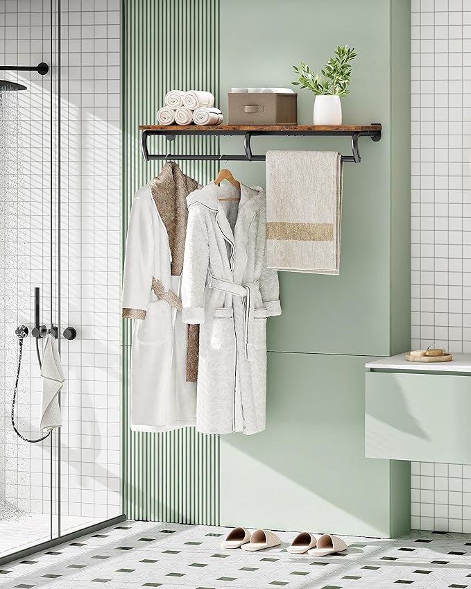 Wall Mounted Clothes Rack, Metal Garment Rack with Top Shelf, Laundry Storage Shelf with Hanging Rod, for Laundry Room, Bedroom, Entryway and Storage Room, Rustic Brown and Black TYM02BF
