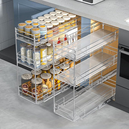 ROOMTEC Pull Out Spice Rack for Narrow Cabinet (6" W X 20½" D),3 Tier Heavy Duty Sliding Spice Cabinet Organization Shelf Racks, Pull Out Shelves Under Cabinet Storage for Kitchen