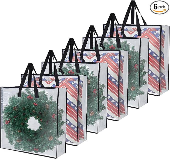 Clear Storage Bags 6-Pack, Versatile Moving Bags & Under Bed Storage Solution for Wreath Storage Container, Holiday Decor, Camping Gear - Ideal Moving Supplies and Stadium Approved Clear Bag