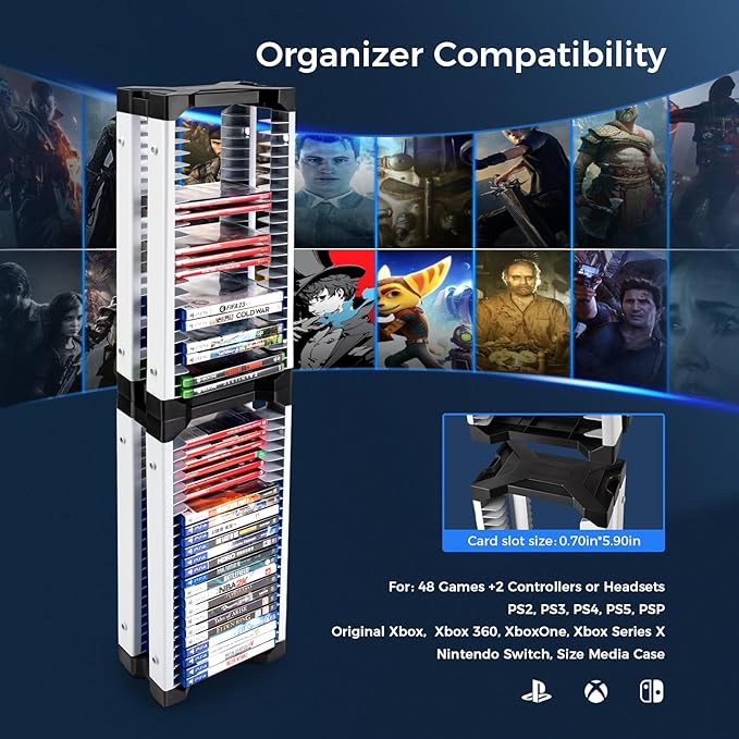 ASFSKY Game Storage Tower - 48 Games Video Game Organizer & Holder with 2 Controller Hooks, Universal Video Game Storage Compatible with PS5/PS4/Xbox/Switch（46Pcs）