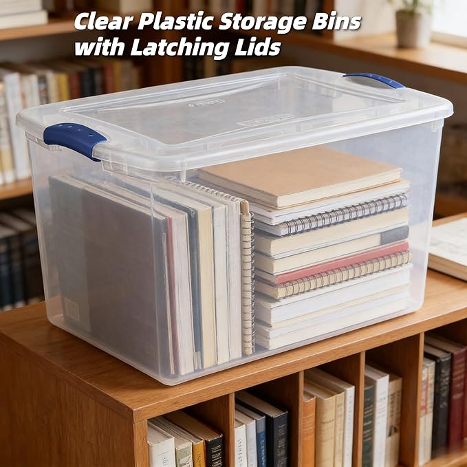 66 Quart Large Clear Plastic Storage Bin – Airtight Latch Lid Container with Blue Handles, Stackable & Durable for Closets, Garages, Dorm Rooms & Basements (Fits Bedding/Seasonal Clothes)