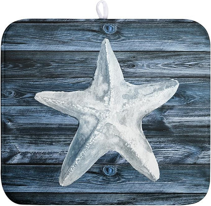 Wnoesat Coastal Starfish Dish Drying Mat Dark Blue Ocean Animal Print Drying Mats Microfiber Reversible Absorbent Dishes Pad Drainer Rack Mats for Kitchen Counter Sink 16x18 Inch