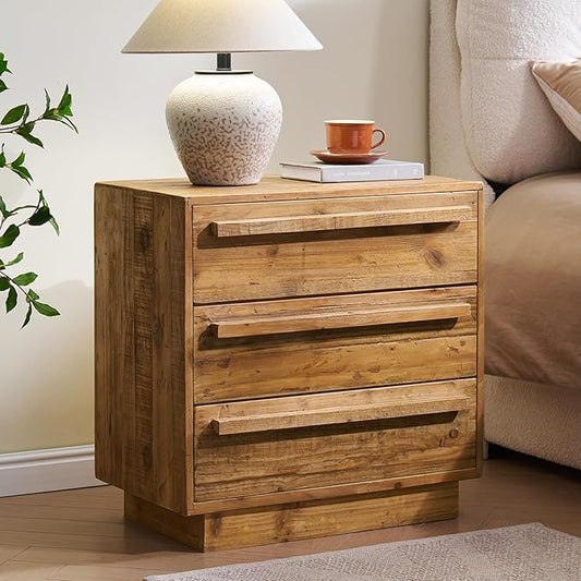 HOKYHOKY Reclaimed Solid Wood Nightstand-24 Inches Large End Table with 3 Drawers, Pre-Assembled Farmhouse Bedside Tables for Living Room, Bedroom
