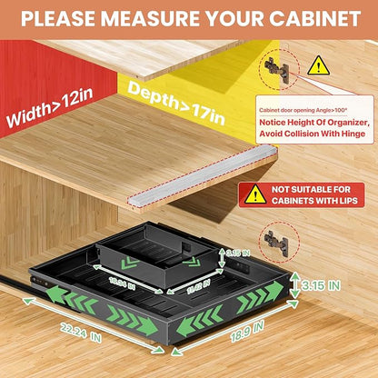 BUFOR 1 Pack Pull out Cabinet Organizer, Width (12"-19") Depth (17"-23"), with 3 Rails Adjustable Slide, Expandable Pullout Drawers for Cabinets, No Drill Adhesive Kitchen Drawers for Pantry Shelves