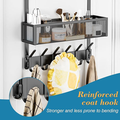 Aimeaihe Over The Door Hooks Organizer, Over The Door Towel Rack with 12 Coat Hooks and 2 Mesh Basket, Bathroom Door Organizer Back of Door Hanger Organizer for Bedroom, Kitchen(Black)