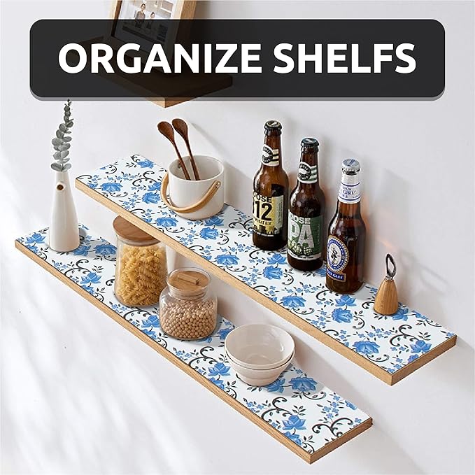 FIFTY FEET 12X120 Inch Shelf Liner for Kitchen Cabinets, PVC Drawer Liner for Dresser Non-Slip Bathroom, Non-Adhesive Cabinet Liner Washable (Blue Floral)(7 Roll)