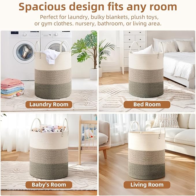 Cotton Rope Basket,Large Blanket Basket for Living Room,Woven cotton rope laundry baskets，For Bathroom Dirty Clothes ，Nursery Toys，pillow storage organization, 80L,Brown and white.