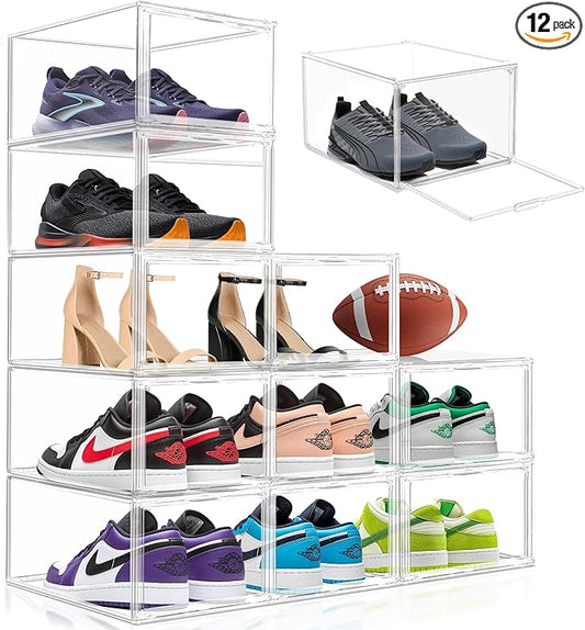 EZJOB 12 Pack Drop Front Shoe Boxes Acrylic Box Sneaker Case Size 12, Transparent Display Cases for Sneaker Collections, Baseball Caps, Hat Organizer Dust-free Shoe Cubbies Stackable Sneaker Boxes