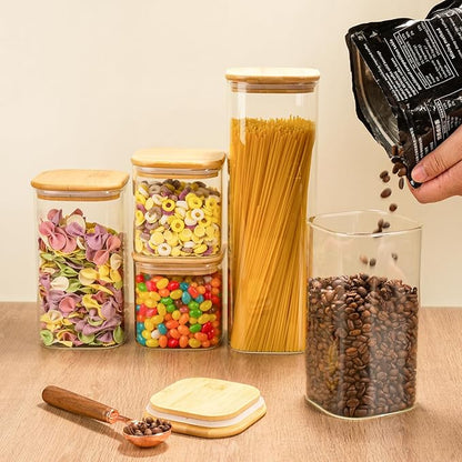 Glass Spaghetti Pasta Storage Container - 5 Pack Airtight Food Storage Jar Set with Bamboo Lid Labels - Square Kitchen Pantry Canister Organizers for Cookies Candy Coffee Bean Sugar Tea Spice Flour
