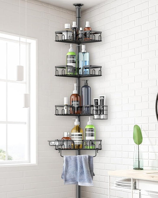 Clothink Corner Shower Caddy Tension Pole 4 Tier Adjustable Stainless Steel Shower Shelf for Inside Shower Bathtub Shampoo,Standing Bathroom Organizer Shelves with 39 to 113 inch Height