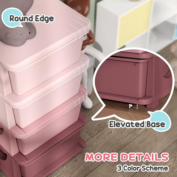Qaba 4 Tier Kids Storage Unit, Toy Organizers and Storage with 4 Drawer Chest for Kids Bedroom Nursery Kindergarten Living Room for Boys Girls Toddlers, Pink