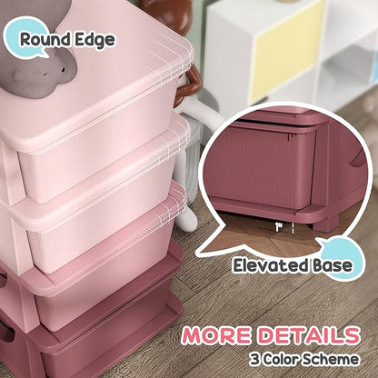 Qaba 4 Tier Kids Storage Unit, Toy Organizers and Storage with 4 Drawer Chest for Kids Bedroom Nursery Kindergarten Living Room for Boys Girls Toddlers, Pink