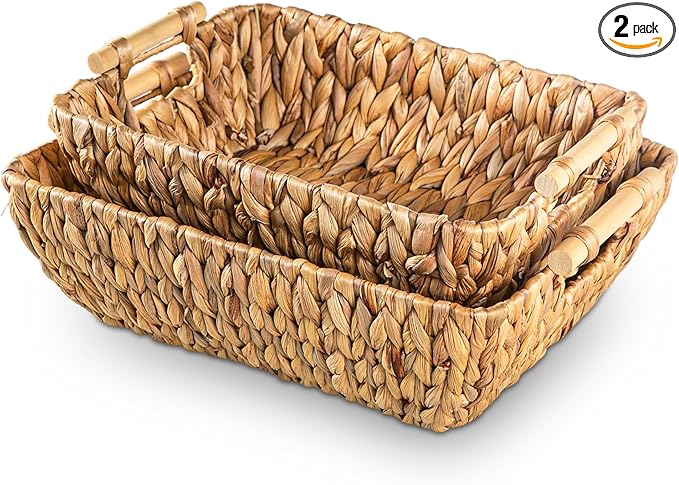 Woven Storage Baskets – Set of 2 Handwoven Water Hyacinth Wicker Baskets with Wooden Handles for Organizing, Decorative Baskets for Laundry Room, Home Decor - Large & Medium