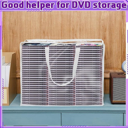 Buryeah 2 Packs Extra Large DVD Storage Bags, Storage Case Holder Organizer Holds up to 360 DVDs Clear Plastic Bags Video with Carrying Handles and Zipper, Media Organizer for Movie VHS(White)