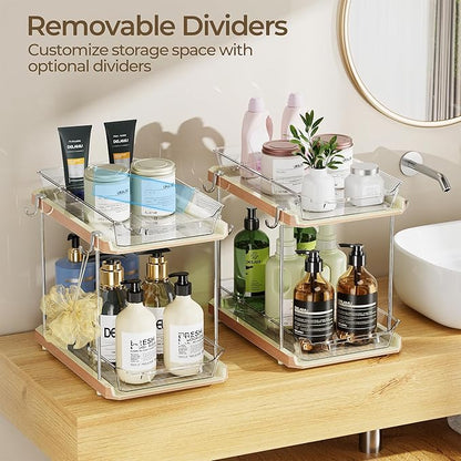 Delamu 2 Tier Bathroom Under Sink Organizers and Storage with Hook, Multi-Purpose Cabinet Drawers with Movable Dividers, Pull Out Organization for Countertop, Kitchen and Pantry(Wood Grain, 4 Pack)