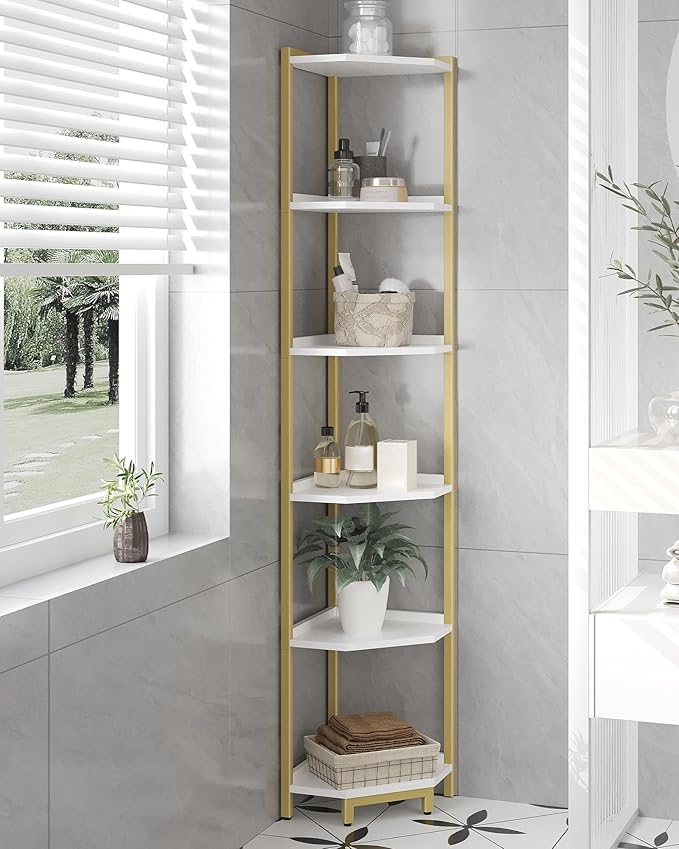 Corner Shelf Stand, Corner Bookshelf, Storage Standing Shelf Unit with Metal Frame, Plant Stand, Corner Bookcase for Living Room, Home Office, Bedroom, 6-Tier White Gold CS06003A