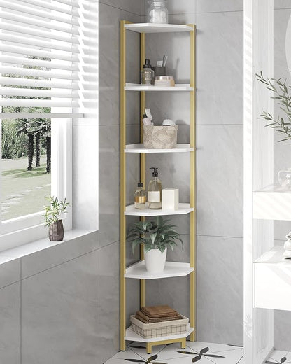Corner Shelf Stand, Corner Bookshelf, Storage Standing Shelf Unit with Metal Frame, Plant Stand, Corner Bookcase for Living Room, Home Office, Bedroom, 6-Tier White Gold CS06003A