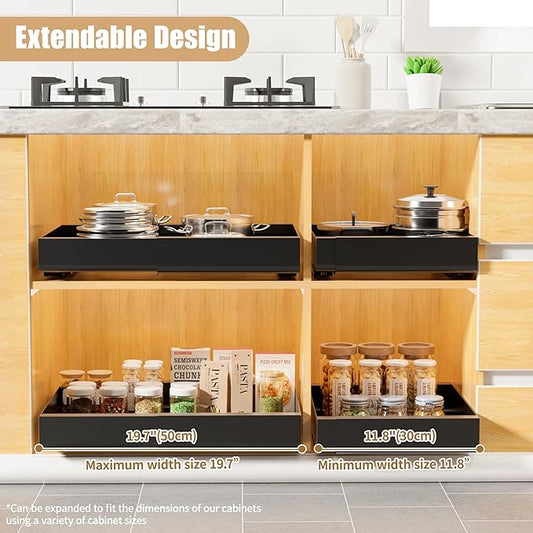KLKE Pull Out Cabinet Organizer, Width Expandable (11.7"-19.7") Heavy Duty Slide Out Drawers Fixed with Adhesive Nano Film for Pots, Roll Out Shelf Storage For Kitchen,Pantry,Garage,Bathroom Storage