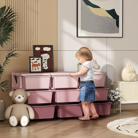 Qaba 3 Tier Kids Storage Unit, Toy Organizers and Storage with 9 Drawer Chest for Kids Bedroom Nursery Kindergarten Living Room for Boys Girls Toddlers, Pink