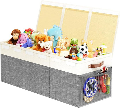 Dayacoco Extra Large Toy Box Chest with Lids, Collapsible Sturdy Kids Toy Storage Organizer Boxes for Boys Girls, Collapsible Sturdy Toys Chest Storage Organizer Bin Basket,40"X14"X16", Gray & White