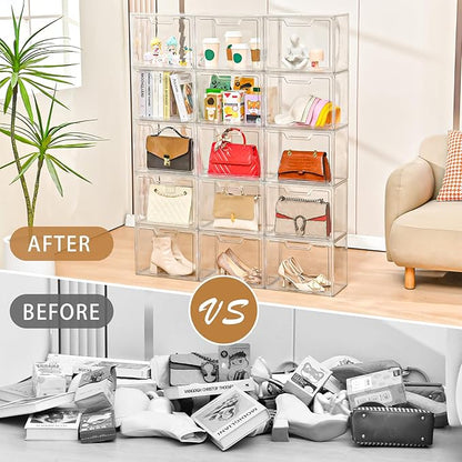 Freebat Stackable Storage Bins,Clear Acrylic Display Case, Acrylic Boxes with Lids, Stackable Storage for Handbags & Purse, Magnetic Lid Storage Bins for Home Organization-1 Pack