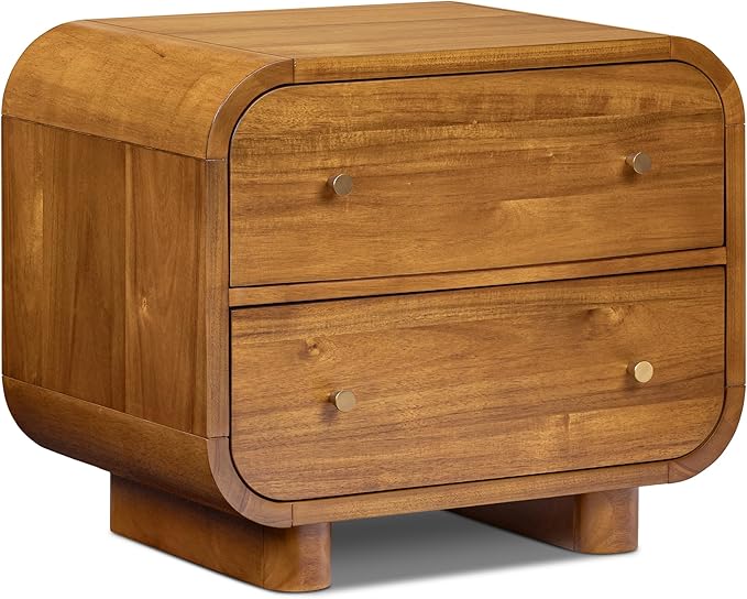 Poly & BARK Oslo 22” Nightstand – Mid-Century Modern Bedside Table with Soft-Close Drawers, Solid and Veneered Acacia Wood Construction, Brass Handles, Light Brown Finish