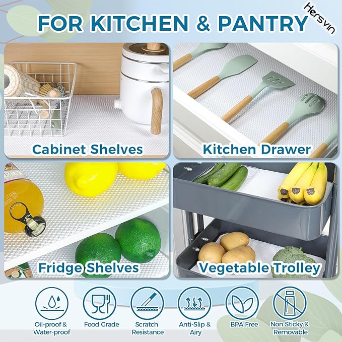 Hersvin Shelf Liners, 24 in x 20 ft Kitchen Drawer Mats, Non-Adhesive EVA Cupboard Protector, Cabinet Lining (White Dot)